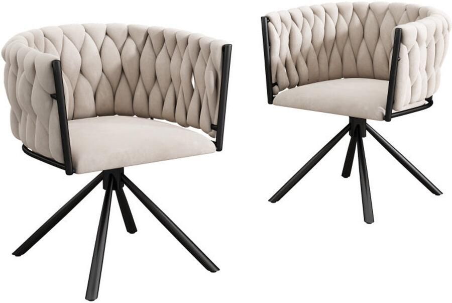 Corenia Velvet Draaifauteuil – Luxe Fauteuil – Lounge Stoel – Zitzetel – Relaxstoel – Set Van 2 – Beige Velvet Bekleding – Stevige Metalen Poten