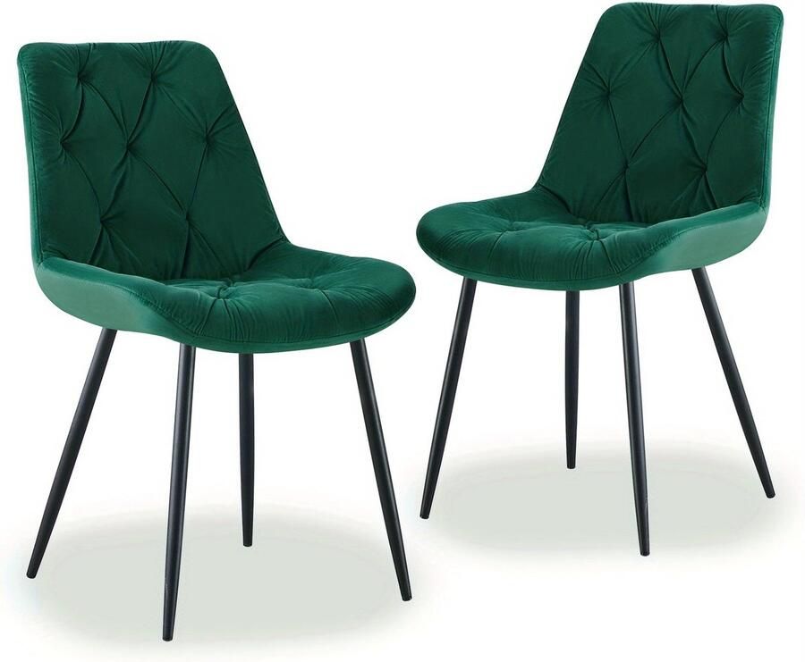 Corenia Velvet Eetkamerstoel – Stoel – Fauteuil – Designstoel – Retro Stoel – Set van 2 Groen – Dikke Ergonomische Rugleuning – Stevige Metalen Poten