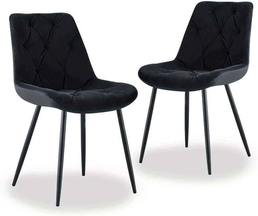 Corenia Velvet Eetkamerstoel – Stoel – Zitstoel – Eetkamerstoel Set – Woonkamerstoel – Zwart – Set van 2 – Met Dikke Gewatteerde Rugleuning – Stevige Metalen Poten