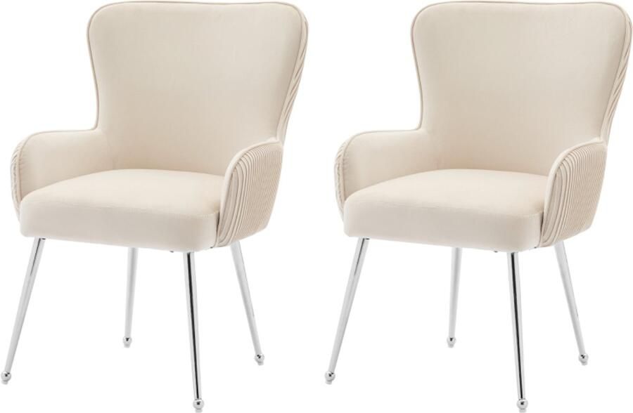 Corenia Velvet Fauteuil Set – Tweezits Fauteuils – Lounge Stoelen – Comfortabele Stoelen – Beige Fluwelen Stoelen – Met Metalen Zilveren Poten – Verstelbare Lendensteun – Eenvoudige Montage