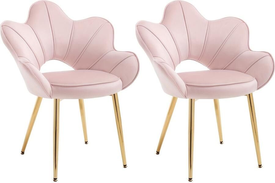 Corenia Velvet Lounge Stoelen – Loungestoelen – Eetkamerstoelen – Kapstoelen – Zetels – Zacht Roze Velvet – Metalen Gouden Frame – Ergonomische Bloemblaadje Rugleuning – Set Van 2