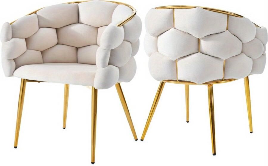 Corenia Velvet Stoelen – Eetkamerstoelen – Loungestoelen – Make-up Stoelen – Woonkamerstoelen – Beige – Memory Foam Zitting – Gouden Metalen Poot