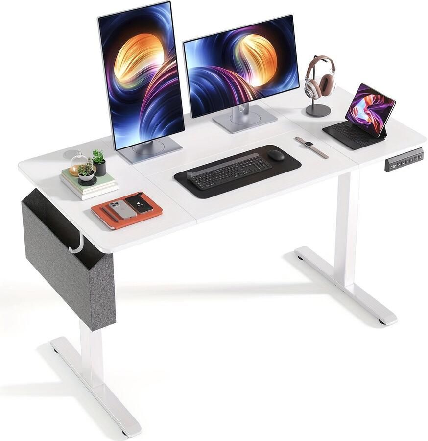 Corenia Verstelbaar E-Sports Bureau – Gaming Bureau – Werkplek – Computer Bureau – Kantoorbureau – Wit – Houten Tafelblad – Metalen Frame – Opbergtas & Haken – Ergonomisch & Stabiel