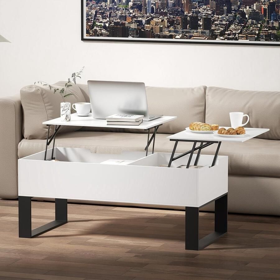 Corenia Verstelbare Salontafel – Multifunctionele Tafel – Opbergtafel – Liftbare Koffietafel – Uitklapbare Tafel – Hoogte Verstelbaar – Ruime Verborgen Opslag – Modern Wit 100x50x40 cm