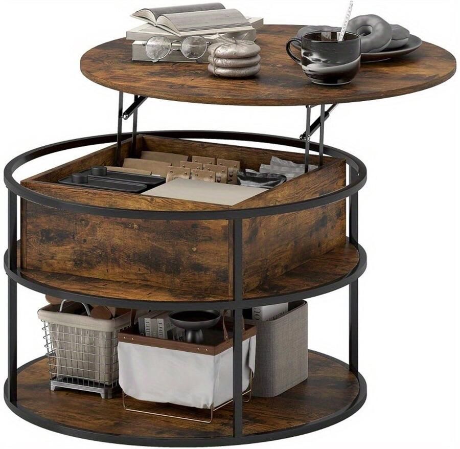 Corenia Verstelbare Salontafel – Ronde Tafel – Bijzettafel – Coffee Table – Woonkamer Tafel – Bruin – Hoogte Verstelbaar 47-61 5 cm – Met Verborgen Opbergruimte