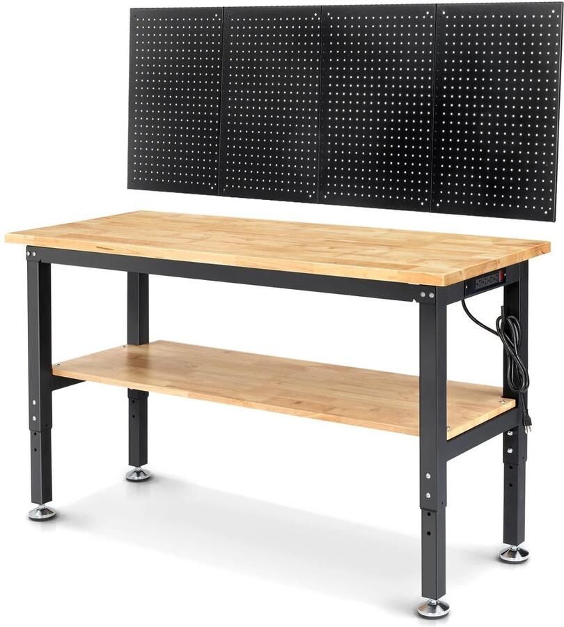 Corenia Verstelbare Werkbank Werktafel Industriële Werkbank 60inch Grote Werktafel voor Houtbewerking en Klussen Rubberen Houten Werktafel met Metalen Pegboard en 2-Laags Opslag