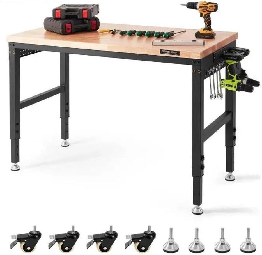 Corenia Verstelbare Werkbank Werktafel Industriële Werkbank Garage Werkbank met Wielen 48x24inch 2000lbs Hoogte Verstelbaar – Mobiele Werktafel voor Garage Werkplaats Houten Werktafel Met Stopcontacten & Opberghaakjes