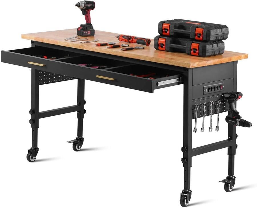 Corenia Verstelbare Werkbank Werktafel Industriële Werkbank met Wielen en Lade 60x24inch 1500lbs met Wielen en Lade Pegboard & Stopcontact voor Garage Werkplaats of Kantoor Houten Werktafel Hoogte Verstelbaar