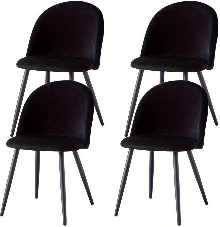 Corenia Vintage Fauteuils – Retro Stoelen – Lounge Stoelen – Fluwelen Zitten – Comfortabele Zetels – Set Van 4 – Zwart – Fluwelen Bekleding – Stevige Metalen Poten