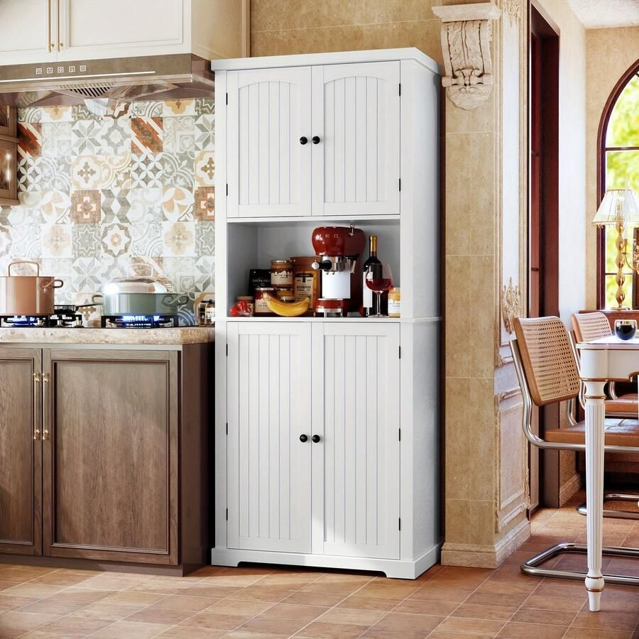 Corenia Voorraadkast – Keukenkast – Opbergkast – Buffetkast – Vitrinekast – Wit – 7 Schappen – Vintage Design – Werkblad