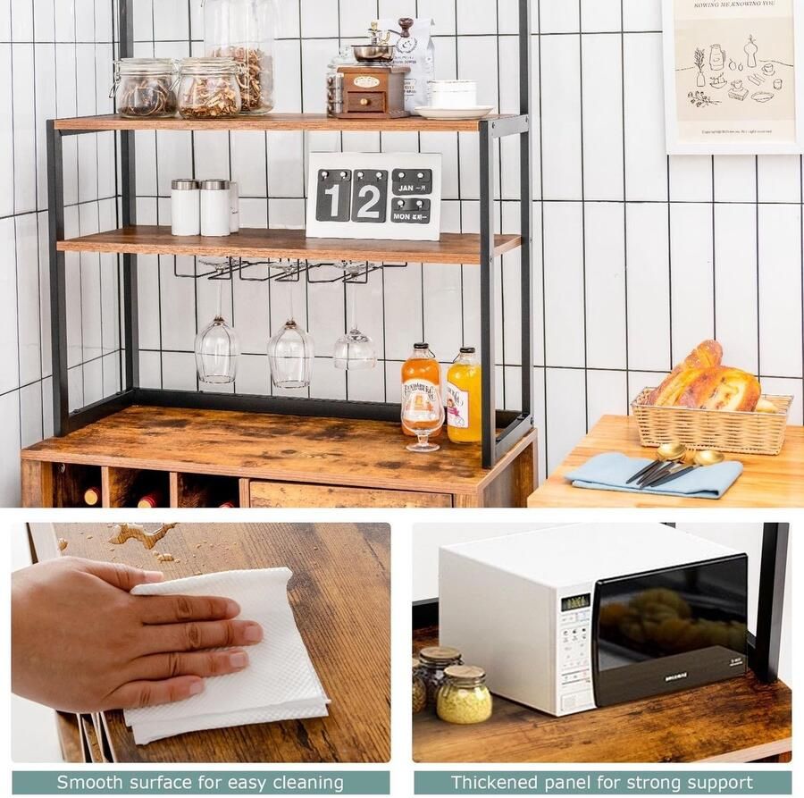 Corenia Vrijstaand Keukenmeubel – Opbergkast – Wijnrek – Etagère – Servieskast – Met Glazenhouder – Compact 74x40x160 cm – Stevig Meubelplaat Met Metalen Poot