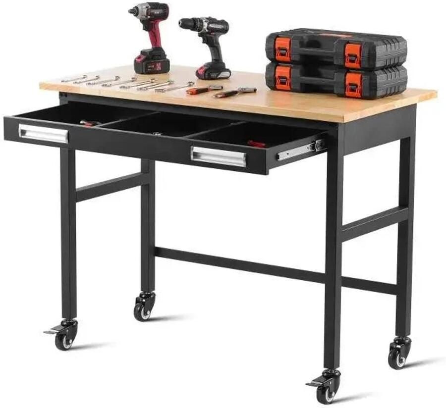 Corenia Werkbank Industriële Werkbank met Wielen en Lade 48x24inch 1500lbs Houten Werktafel Verplaatsbare Robuust Stalen Frame Multifuntioneel Hobbytafel of Eettafel Gebruik als Werkbank Computertafel