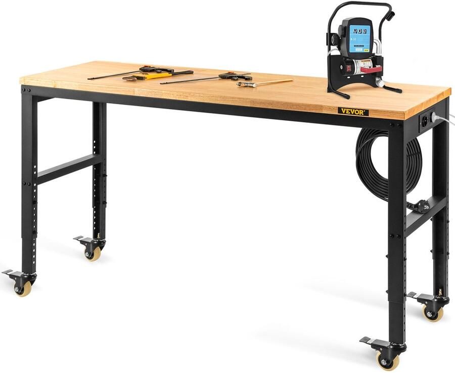 Corenia Werkbank – Opvouwbare Werktafel – Werkbank Met Lades – Verstelbare Werktafel – Mobiele Werkbank – Massief Houten Werkblad 122x51 cm – Ingebouwd Stopcontact Met USB Poorten