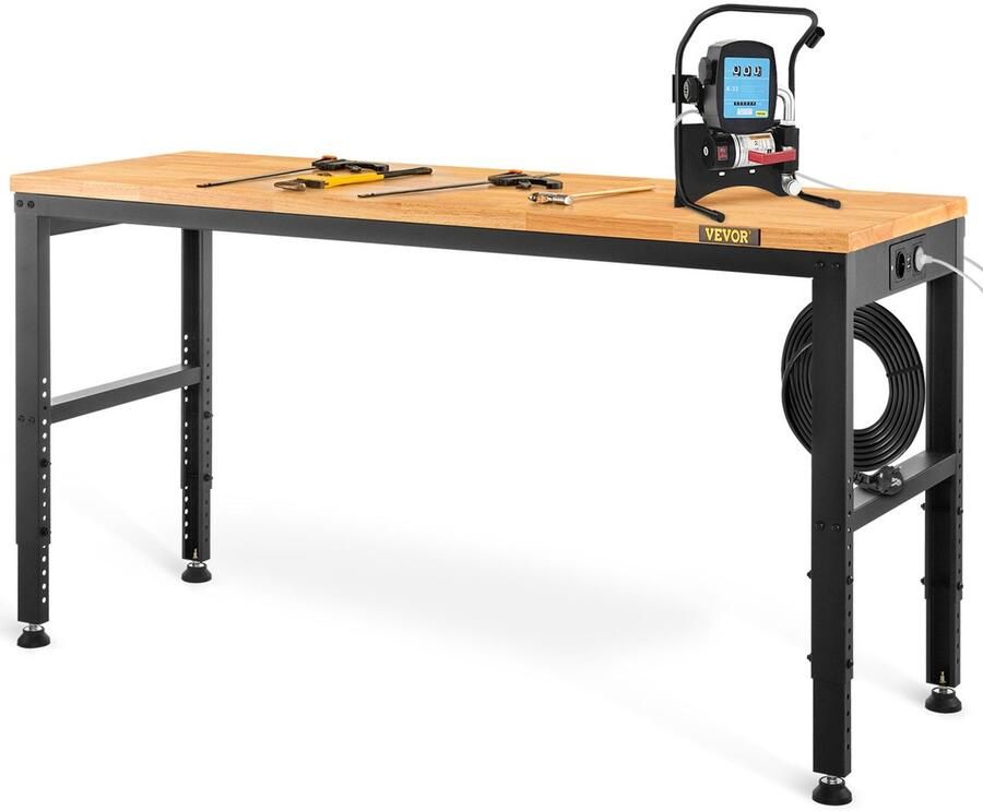 Corenia Werkbank – Verstelbare Werktafel – Klusbank – Montagebank – Krachtige Werkplek – Verstelbare Hoogte 72-97 cm – Massief Houten Blad 25 mm – Inclusief Stopcontacten & USB-poorten – Koudgewalst Stalen Frame