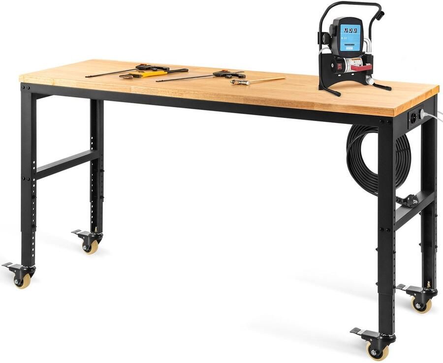 Corenia Werkbank – Werktafel – Werkbankje – Klusbank – Verstelbare Werkbank – 122 x 61 cm Massief Houten Blad – Ingebouwde Stopcontacten en USB-A Poorten