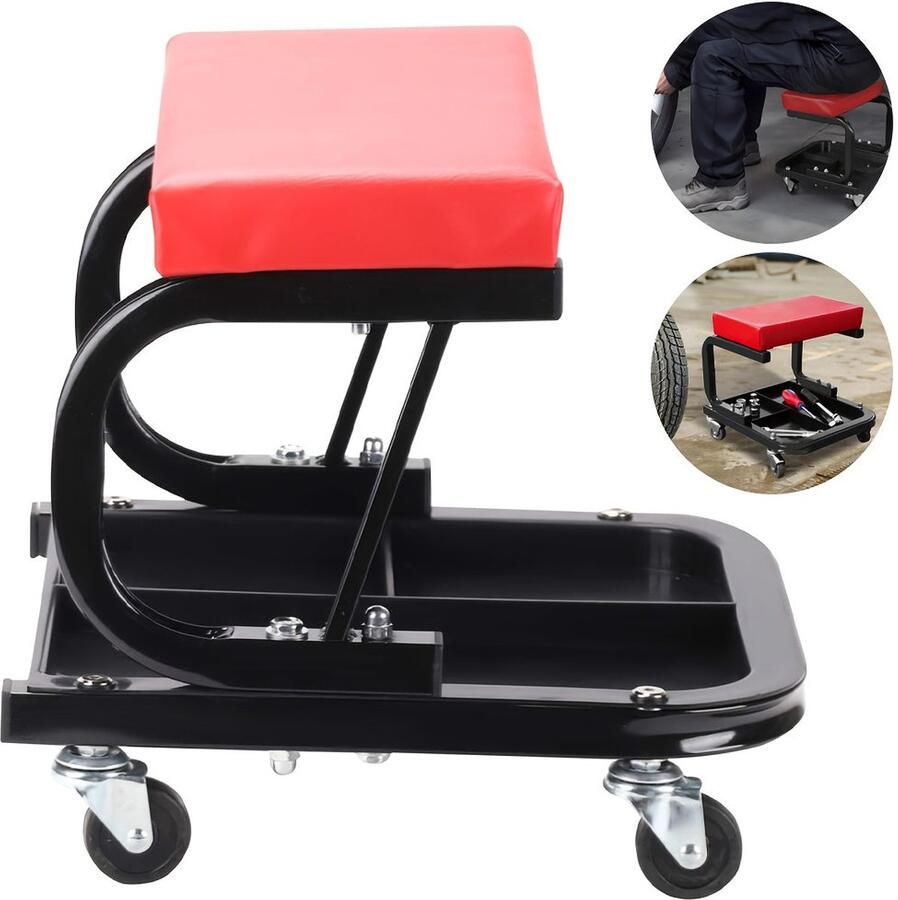 Corenia Werkkruk Garagekruk Werkstoel Werkbank Krukje – Mobiele Zwenkwielen Gereedschapbak – PU Lederen Zitkussen – Robuust IJzeren Frame – 36x37x33 5 cm – 360° Draaibaar