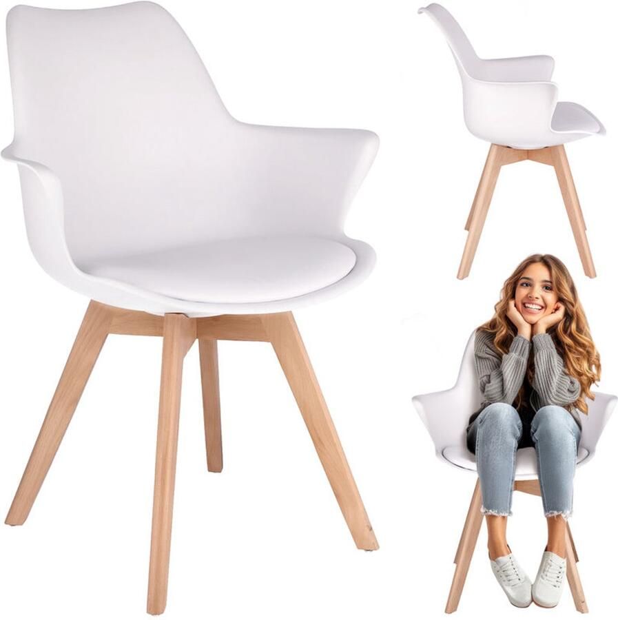 Corenia Witte Stoel – Eetkamerstoel – Kuipstoel – Fauteuil – Designstoel – Beukenhouten Poten – Ecologisch Leren Zitkussen