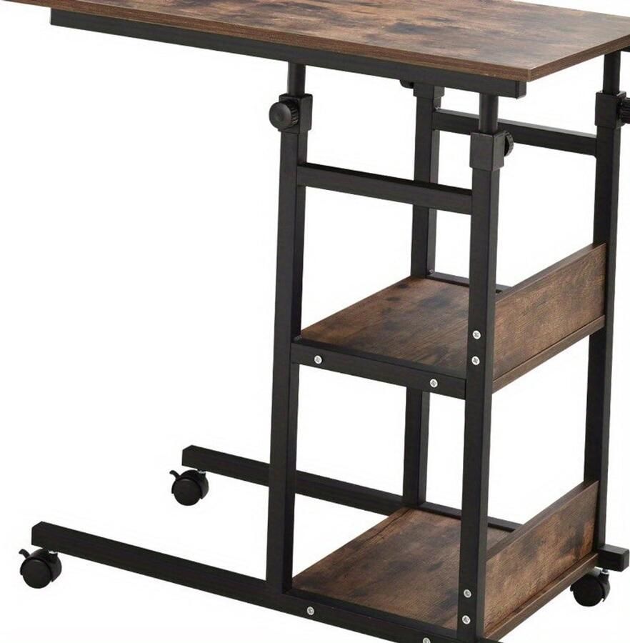 Corenia Zijtafel – Bijzettafel – Salontafel – Verstelbare Tafel – Wieltjes Tafel – Metalen Constructie – Verstelbare Hoogte 80x40x72 8 cm – Twee Planken – Bruin