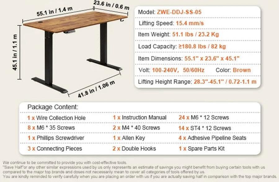 Corenia Zit-Sta Bureau Bureautafel Computer Tafel Laptoptafel 55.1x23.6 inch voor Gaming en Thuiskantoor Elektrisch Hoogteverstelbaar 85kg Draagcapaciteit Bruin