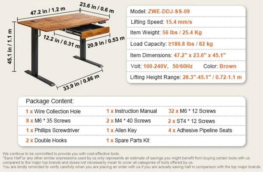 Corenia Zit-Sta Bureau Bureautafel Computer Tafel Laptoptafel Elektrisch met Lade voor Gaming en Thuiskantoor Hoogteverstelbaar 47.2x23.6inch 85kg Draagcapaciteit Bruin