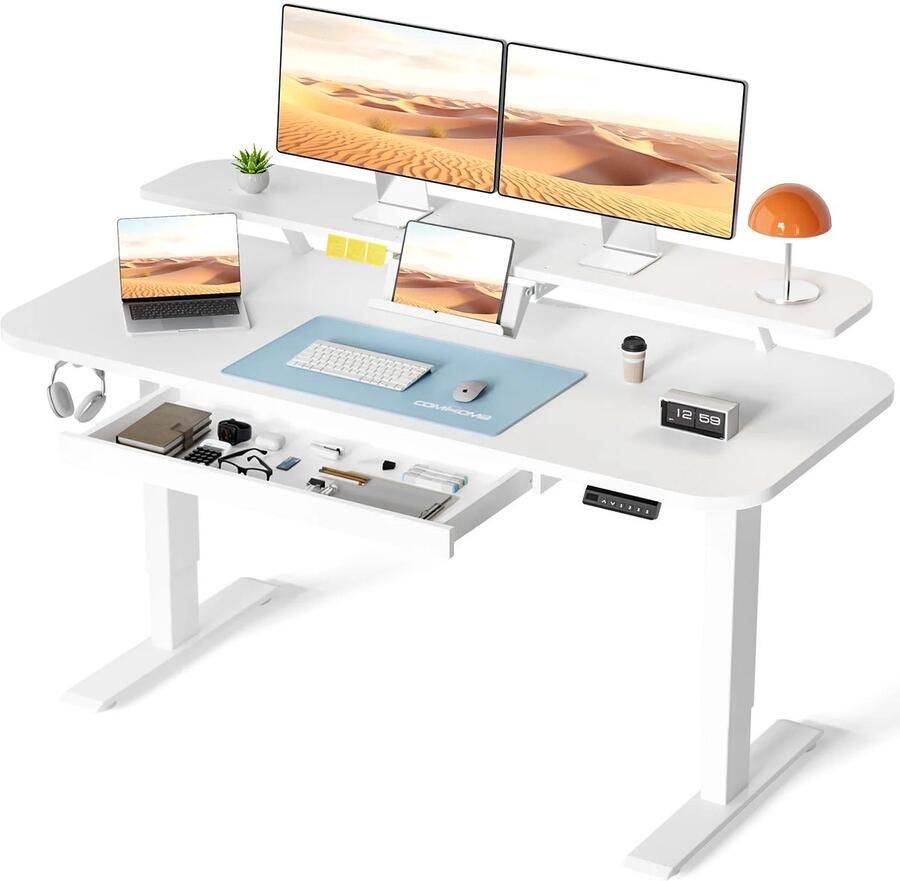 Corenia Zit-Sta Bureau Computerbureau Kantoor Tafel Werktafel 120x60cm Monitorstandaard Geheugenfunctie Verstelbaar Elektrisch Lade en Tabletstandaard Ergonomisch Wit