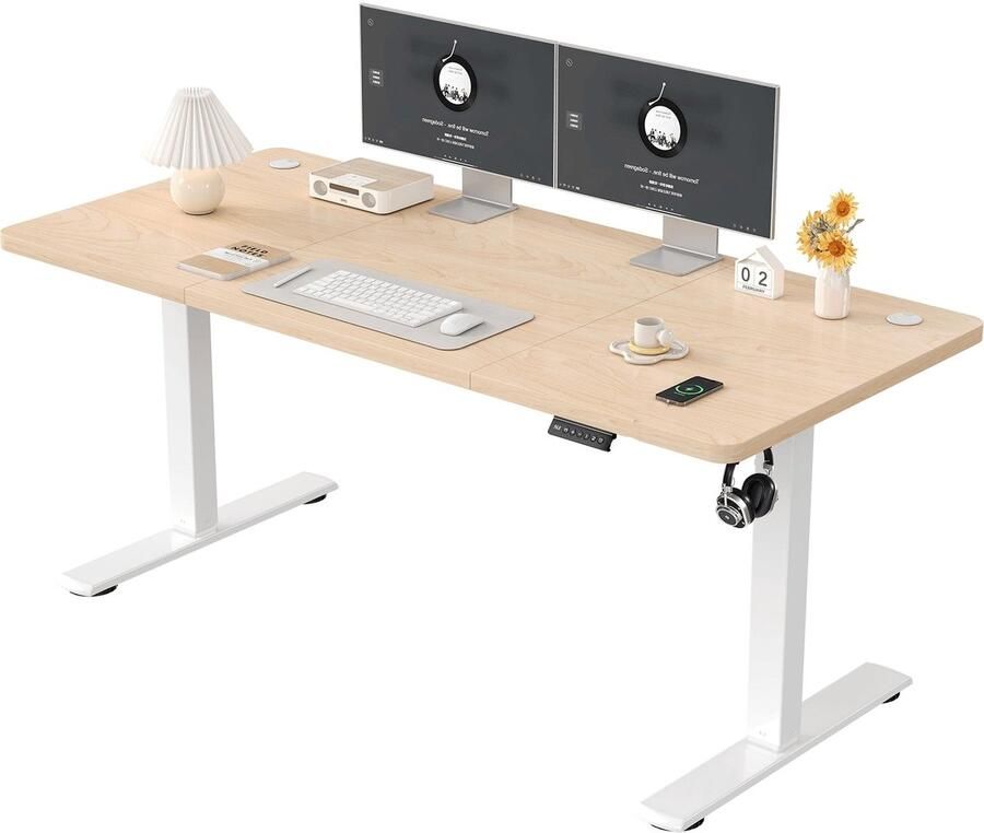 Corenia Zit Sta Bureau – Sta Bureau – Hoogte Verstelbaar Bureau – Elektrisch Bureau Zonder Stroom – Ergonomisch Bureau – Roestvrij Stalen Frame – Handmatige Verstelling 140-160 cm – Wit Compact Design