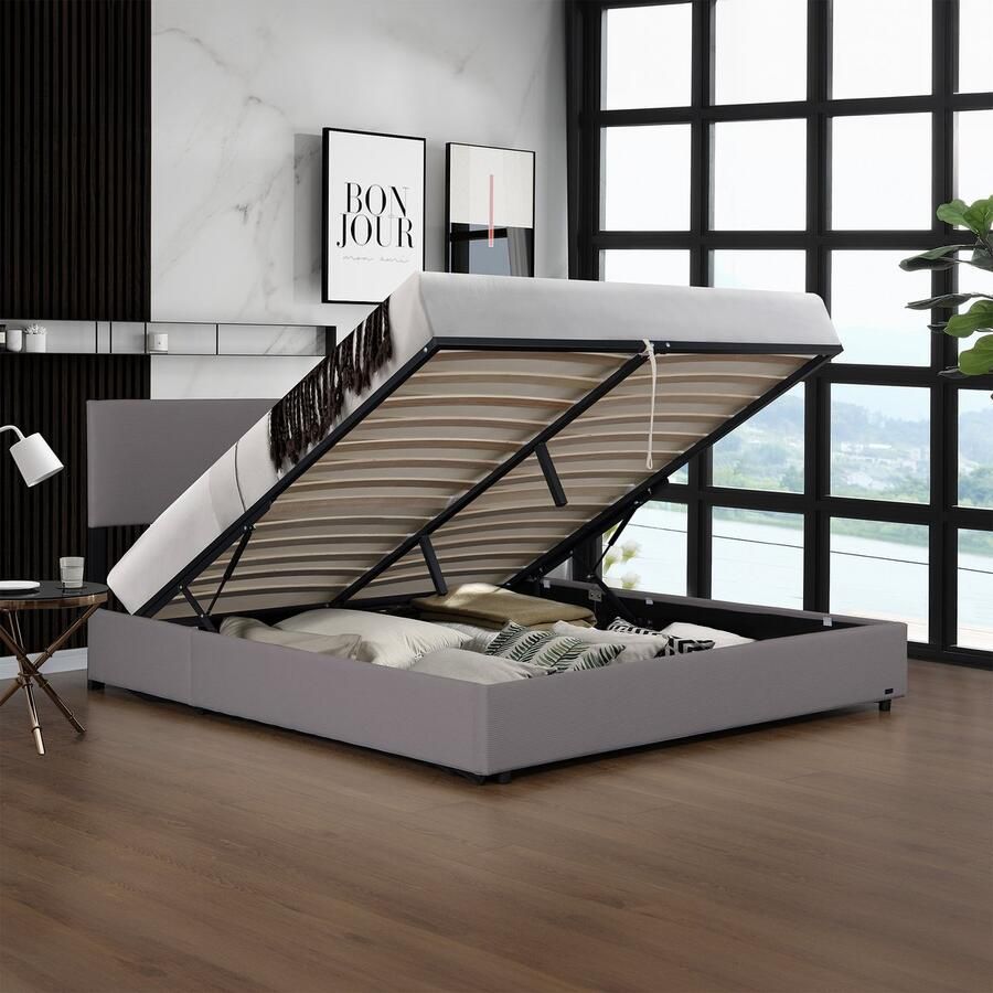 Corium Tweepersoonsbed Juva met matras en opbergruimte 160x200 cm grijs