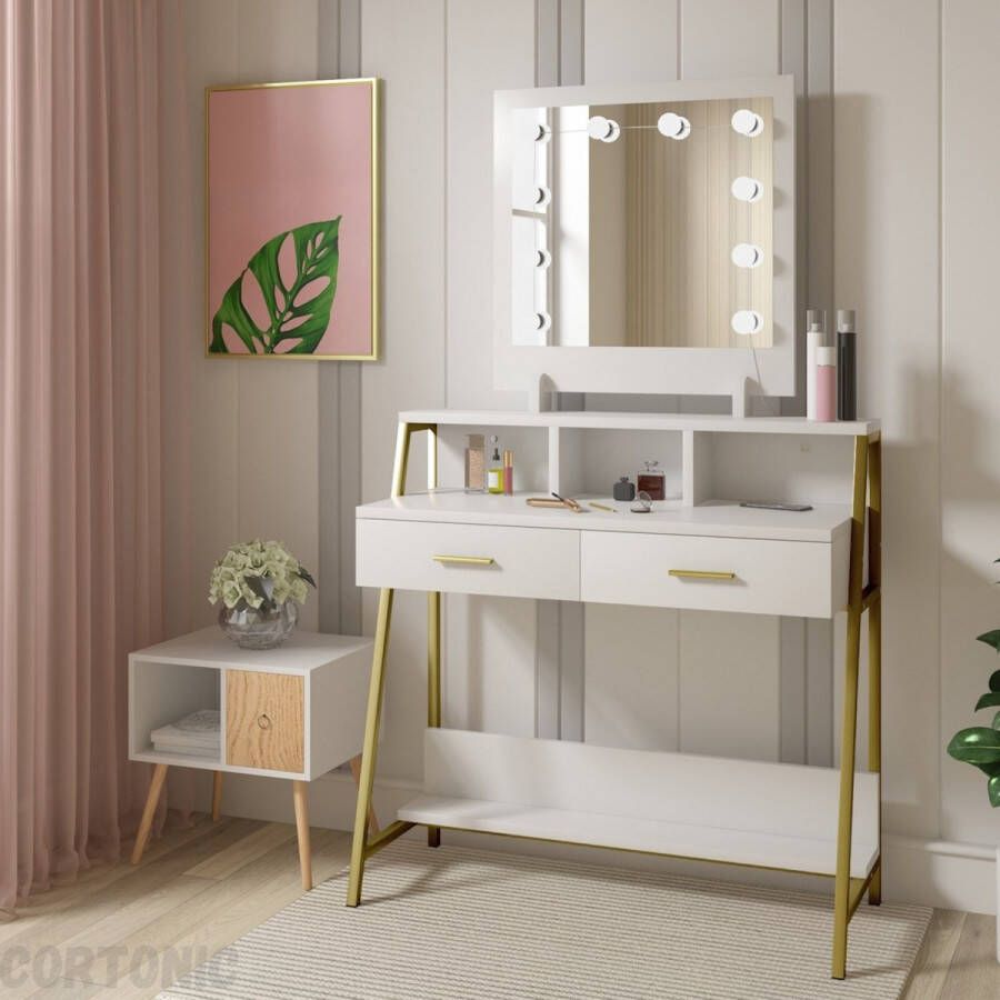 Cortonic Make up tafel Kaptafel met Spiegel Modern Schminktafel met Verlichting Wit met Goud