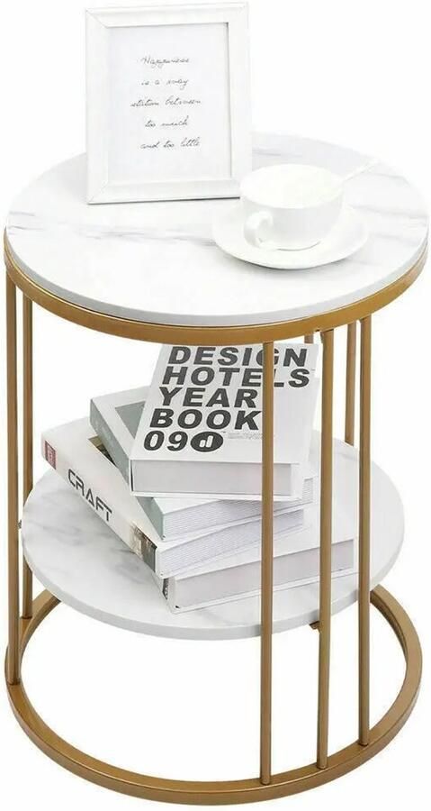 Merkloos Emora Luxe Bijzettafel rond 2 laags bijzettafel Goud Koffietafel Modern marmer bijzettafel- Stalen Frame 40x40x54cm
