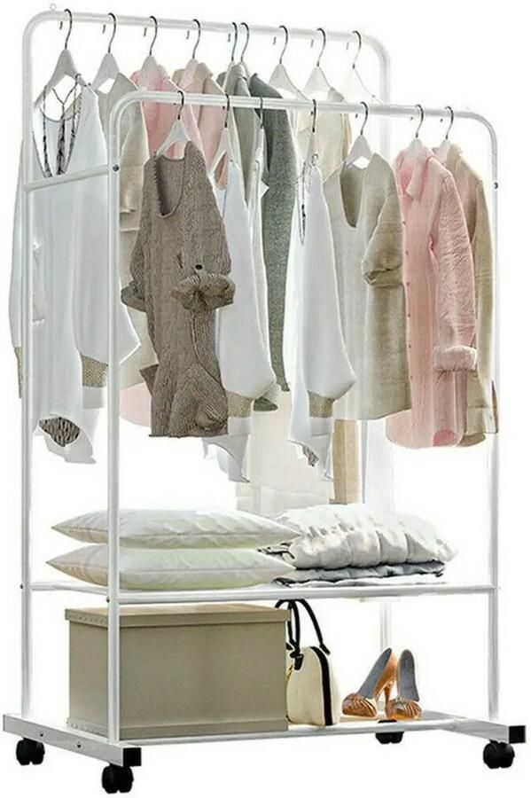 Kledingrek Dubbele Rail Kleding Opbergen Wit Wielen Kledingstang