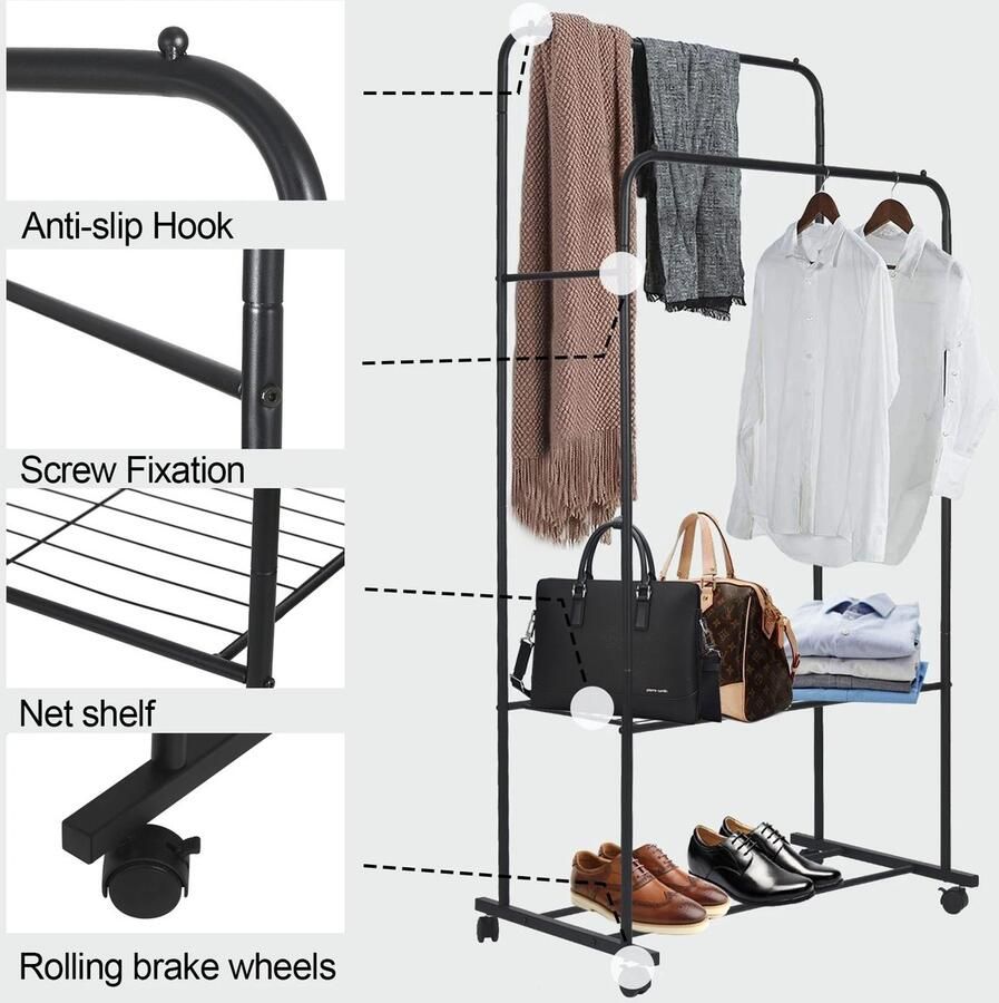 Cosas Buenas Kleding rek Zwart Open 1 5 m breed Dubbele rails Schoenenrek Dubbele Opbergplank Modern Met wieltjes