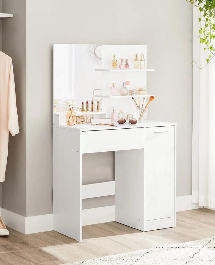 Cosas Buenas Vasagle Kaptafel Make-up tafel Met Spiegel Opbergvak 2 Planken Wit Cosmetica Vrouwen Tieners Slaapkamer Spiegel Opberg Schoonheid Comfort