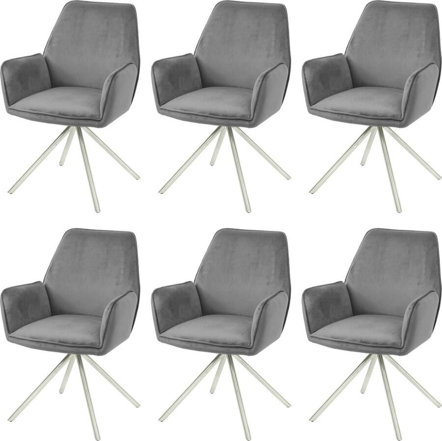 Cosmo Casa 6-delige Eetkamerstoel Set Keukenstoel met Armleuningen Draaiauto-Positie Fluweel MVG Donkergrijs RVS