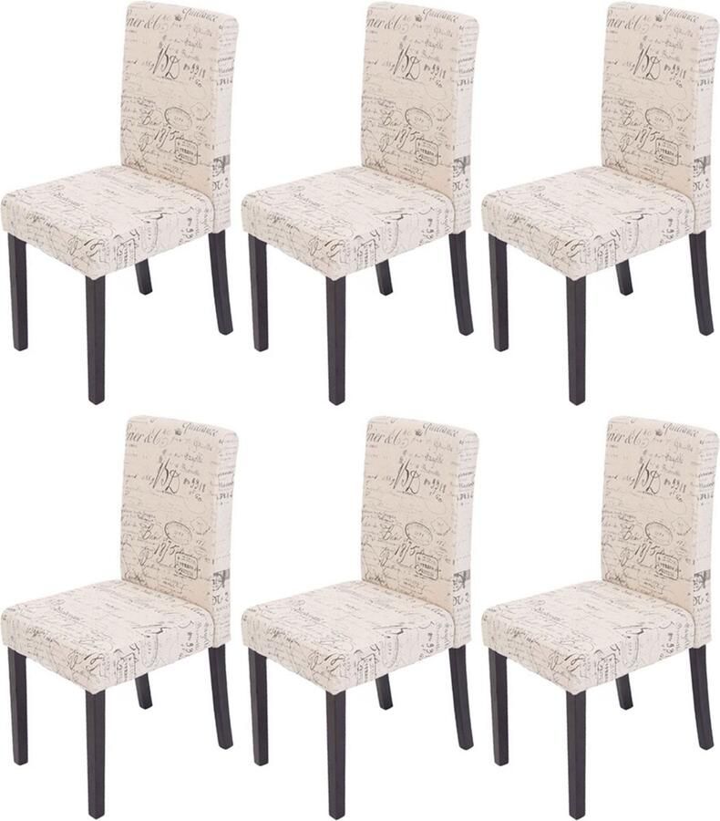Cosmo Casa 6-delige Eetkamerstoelen Set Littau Keukenstoelen Textiel met Opschrift Crème Donkere Poten