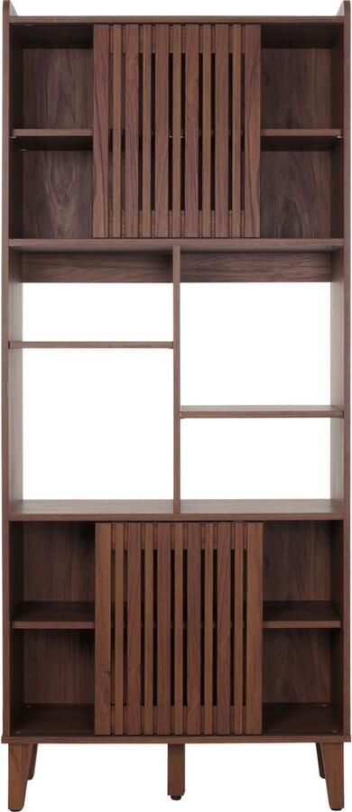 Cosmo Casa Boekenrek Boekenkast Hoog Met Schuifdeur 8 Opbergvakken Mango Massief Hout MDF 178x75x35cm Walnootlook