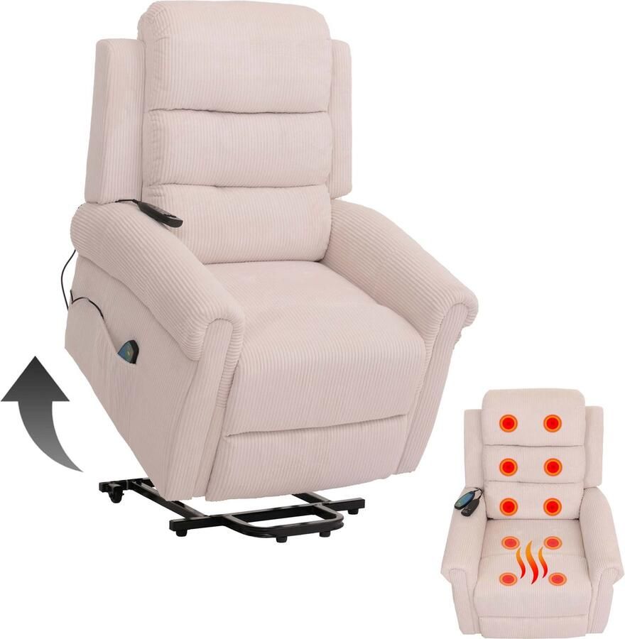 Cosmo Casa Relaxfauteuil TV Fauteuil met Verstelbare Functie Opstaand Hulp Massage- en Verwarmfunctie Cord Stof (220g m²) Crème-Wit
