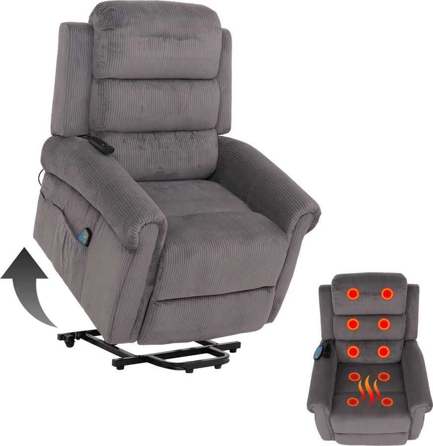 Cosmo Casa Relaxfauteuil TV Fauteuil met Verstelbare Functie Opstaand Hulp Massage- en Verwarmfunctie Cord Stof (220g m²) Donkergrijs