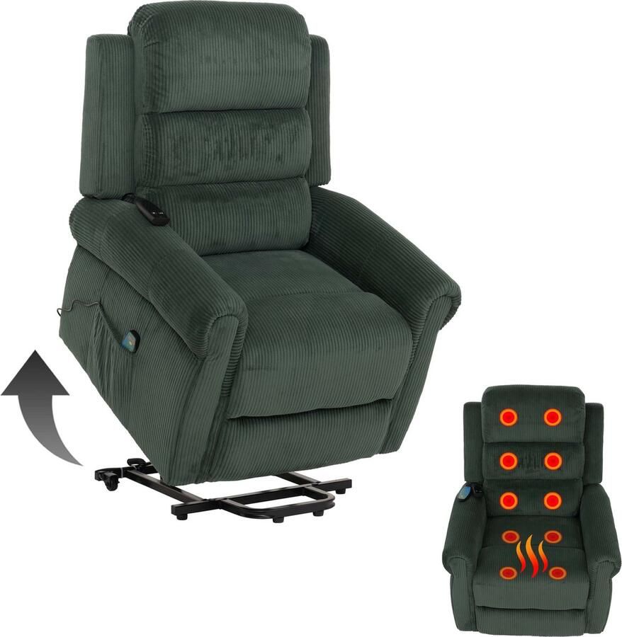 Cosmo Casa Relaxfauteuil TV Fauteuil met Verstelbare Functie Opstaand Hulp Massage- en Verwarmfunctie Cord Stof (220g m²) Groen