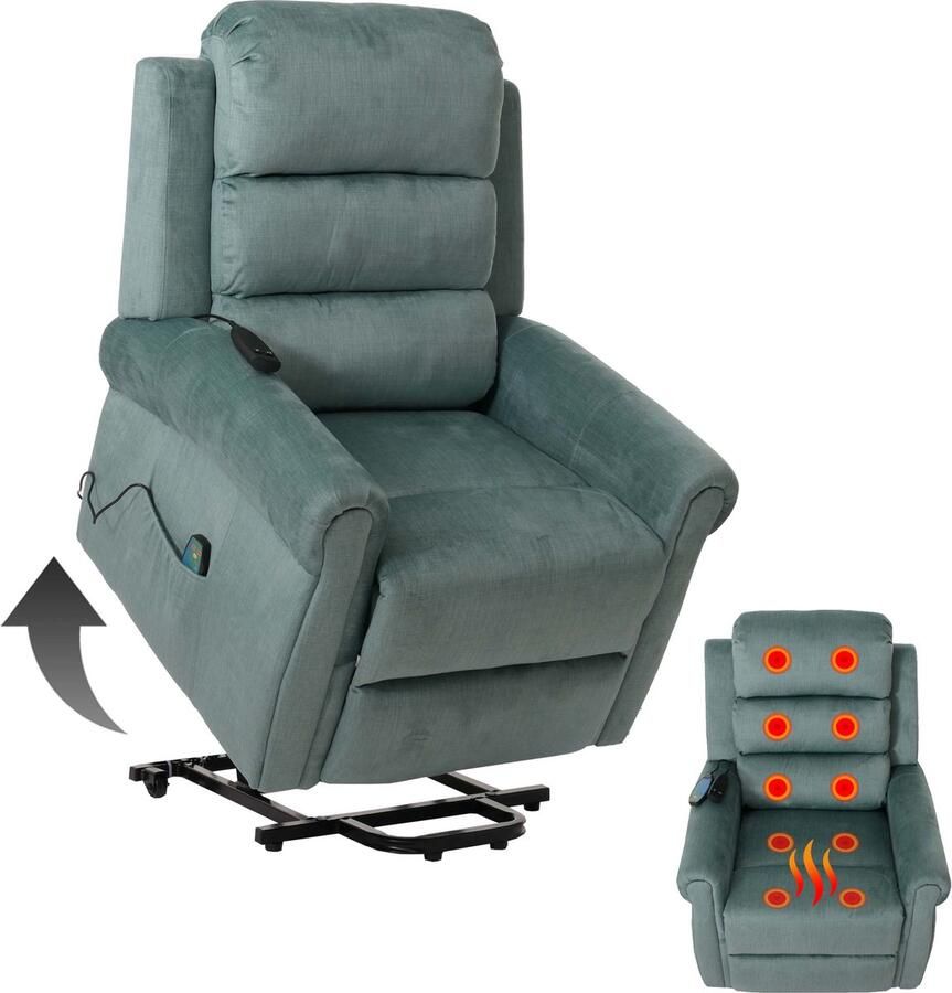 Cosmo Casa Relaxfauteuil TV Fauteuil met Verstelbare Functie Opstaand Hulp Massage- en Verwarmfunctie Chenille Stof (220g m²) Blauw-Groen