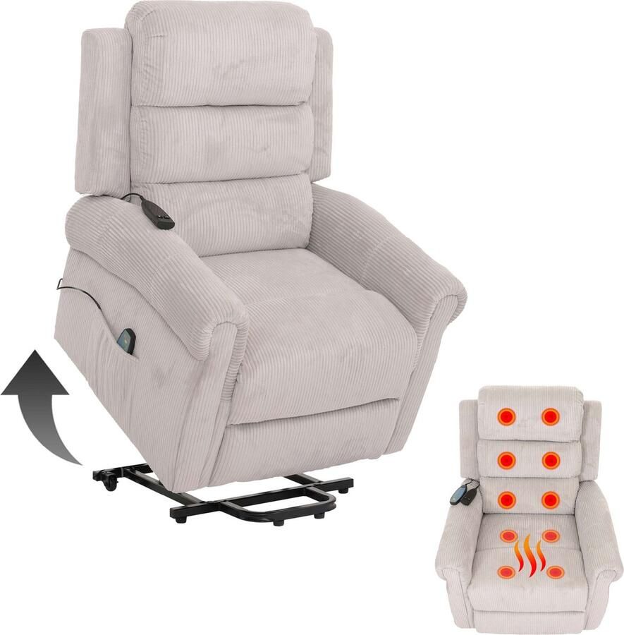 Cosmo Casa Relaxfauteuil TV Fauteuil met Verstelbare Functie Opstaand Hulp Massage- en Verwarmfunctie Cord Stof (220g m²) Lichtgrijs
