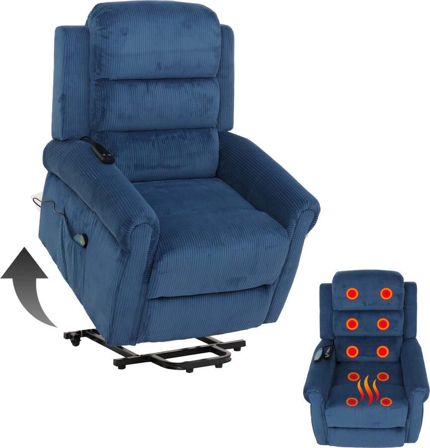 Cosmo Casa Relaxfauteuil TV Fauteuil met Verstelbare Functie Opstaand Hulp Massage- en Verwarmfunctie Cord Stof (220g m²) Blauw