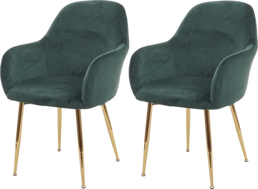 Cosmo Casa Set van 2 Eetkamerstoelen Retro Design Fluwelen Groen met Gouden Poten