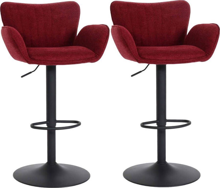 Cosmo Casa Set van 2 barkrukken- Barkruk met armleuningen- draaibaar- stof textiel- Ijzer Bordeauxrood- Voet zwart