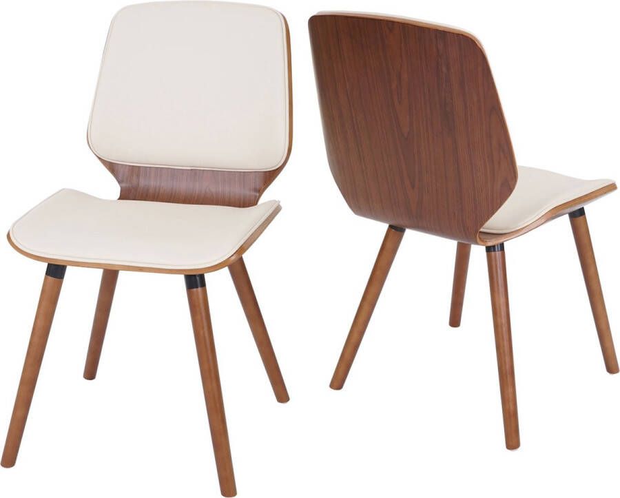 Cosmo Casa Set van 2 eetkamerstoelen Gebogen hout Retro ontwerp Walnoot look Kunstleer Crème