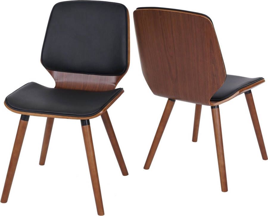 Cosmo Casa Set van 2 Eetkamerstoelen Gebogen Hout Retro Ontwerp Walnootlook Zwart Kunstleer