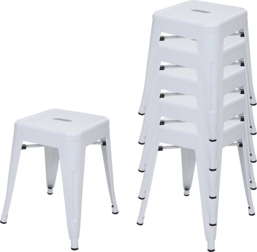 Cosmo Casa Set van 6 Krukjes Industrieel Design Stabiele Dwarsbalken Stapelbaar Metaal Wit