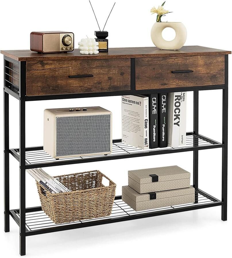 Costway 100 cm consoletafel met 2 laden 3 niveaus gangtafel van hout bijzettafel met metalen frame met kantelbeveiliging