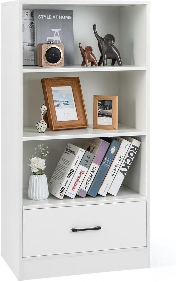 Costway 120 cm boekenkast met laden 4 niveaus opbergrek van hout staand rek (wit)