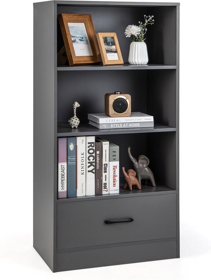 Costway 120 cm boekenkast met laden en open vakken 4 niveaus opbergrek van hout staand rek (grijs)