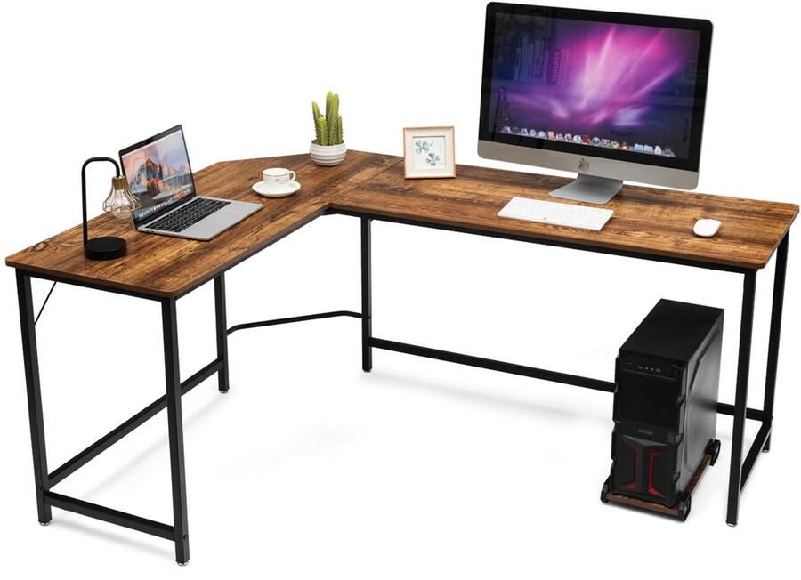Costway 125 x 168cm L-vormige Hoekbureau computertafel met CPU-standaard PC-laptop-studietafel met weinig werkruimte werkstation Kantoor houten bureau met verstelbare voetzolen perfect voor kantoor slaapkamer of speelkamer - Foto 3